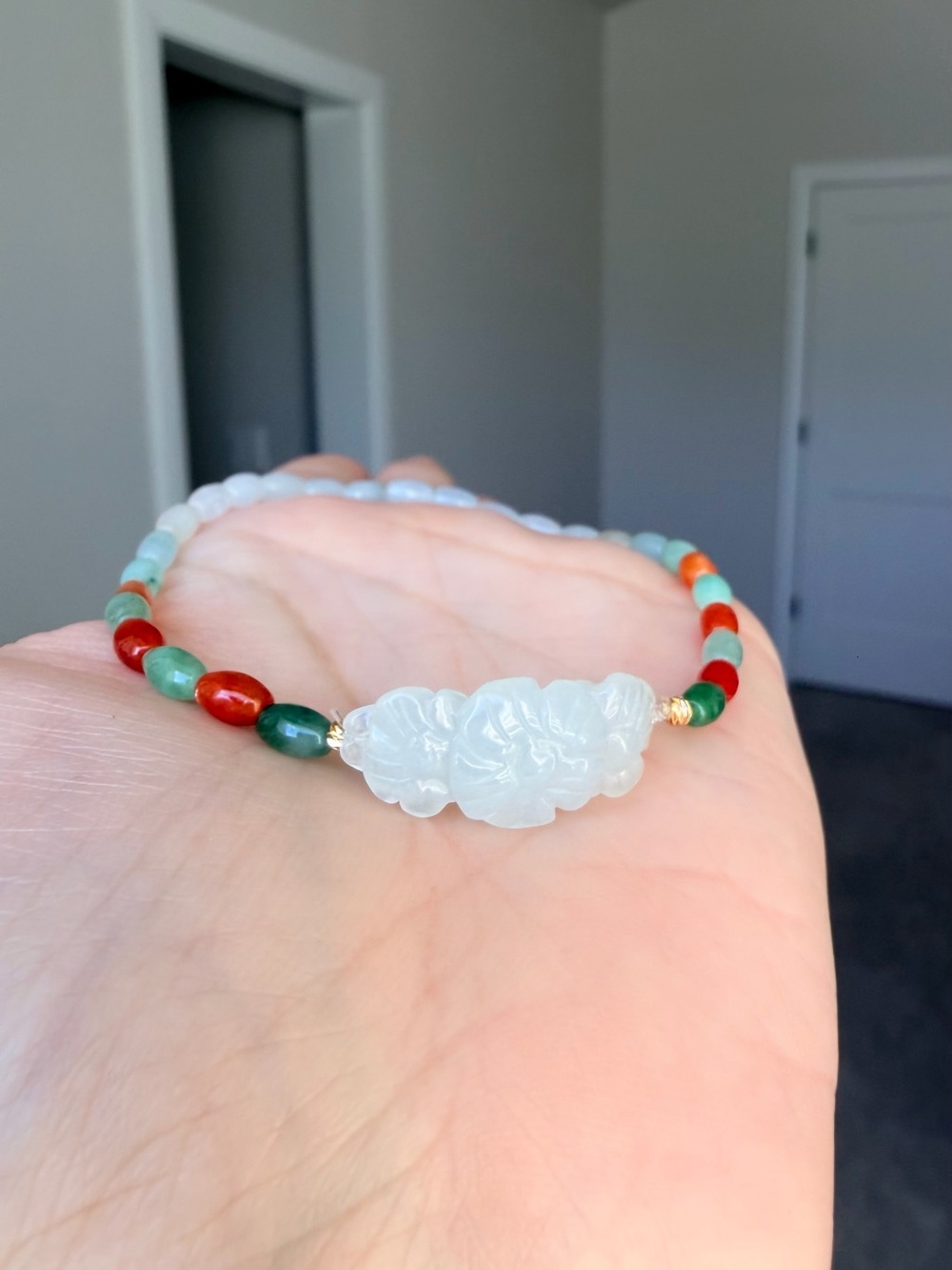 Hand-Carved Natural Burmese A Jadeite Jade Peony Flower Bracelet